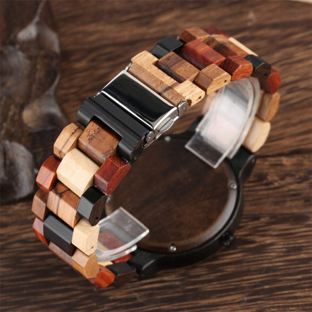 CAIDAI&YL Orologio da Uomo Casual in Legno con Fibbia Pieghevole, quadrante Rotondo Nero Minimalista, con Scatola