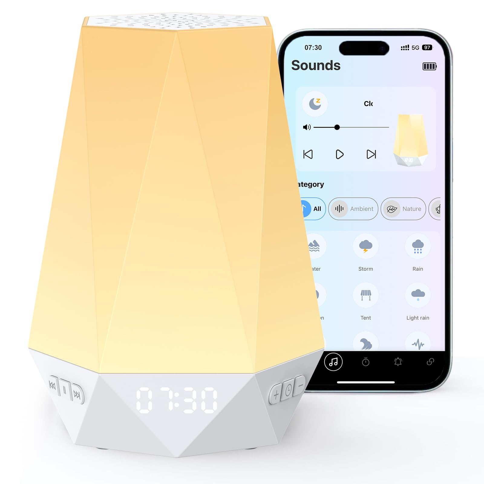 HOMGEN Máquina de Ruido Blanco con 32 Sonidos Calmantes Reloj Despertador Infantil con Entrenador de Sueño Alarma Personalizable Alarma con Luz Regulable Batería Recargable para Niños y Adultos