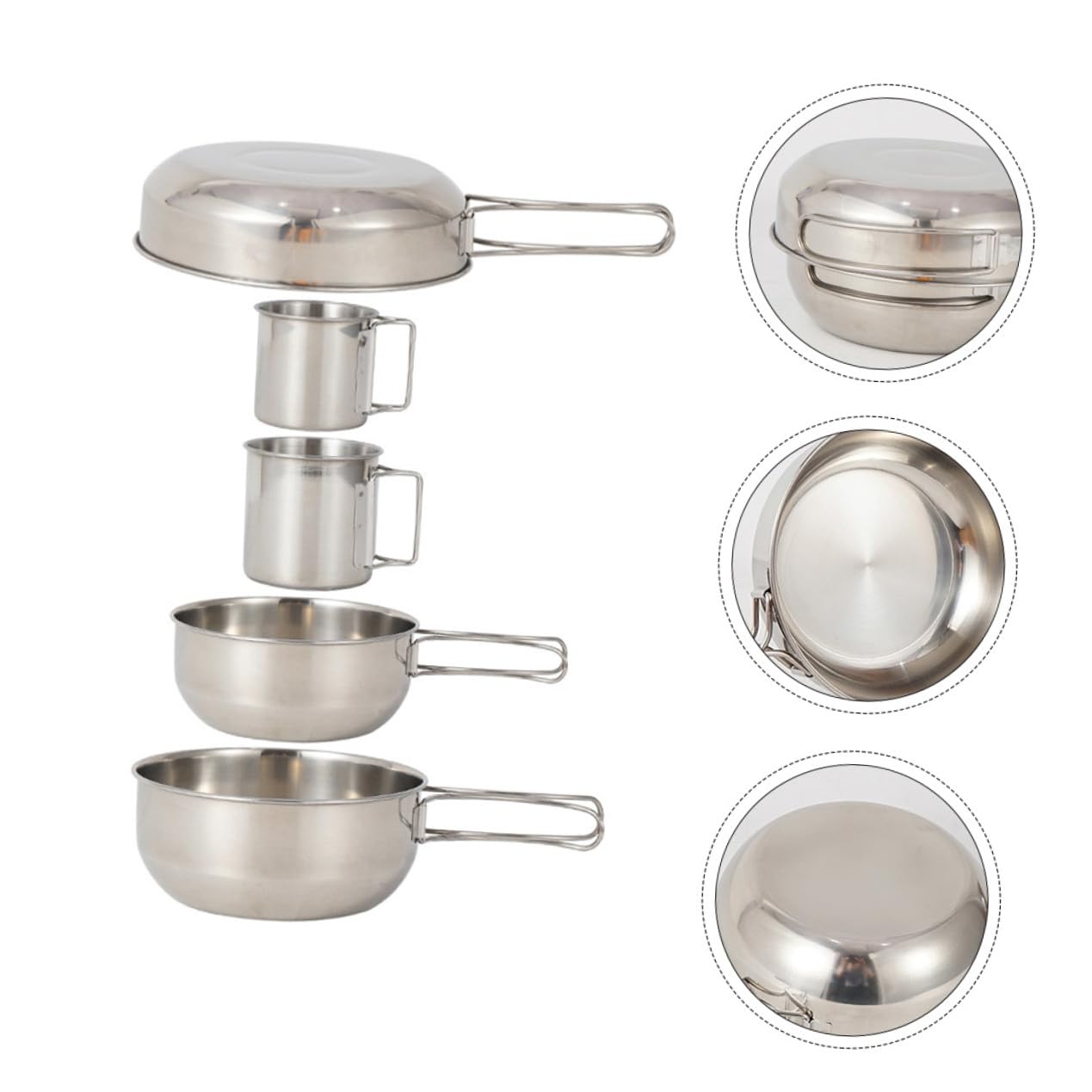 Ensemble de Vaisselle de Camping en Acier Inoxydable 5 Pièces Pliable, Casseroles et Tasses Légères, Ustensiles Multifonctions pour Randonnée et Pique-niques en Plein Air