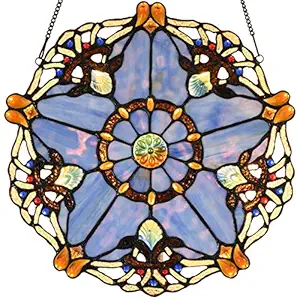 Bieye W10074 Baroque Tiffany Style Stained Glass Window Panel 16 inches Wide Round Suncatcher with Chain (Blue)