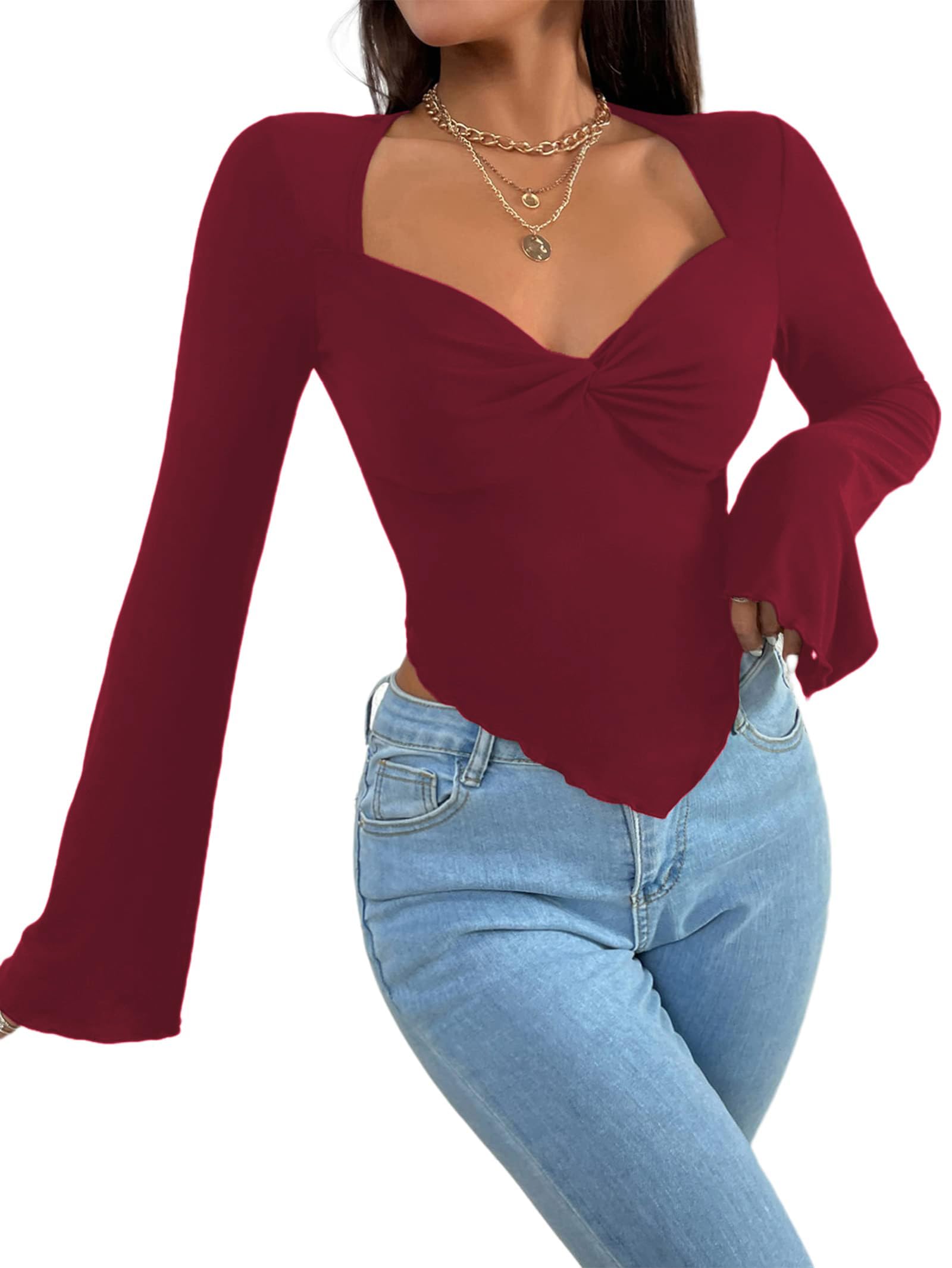 Avanova Women's Long Sleeve Square Neck Crop Top Twist Front Asymmetrical Shirt