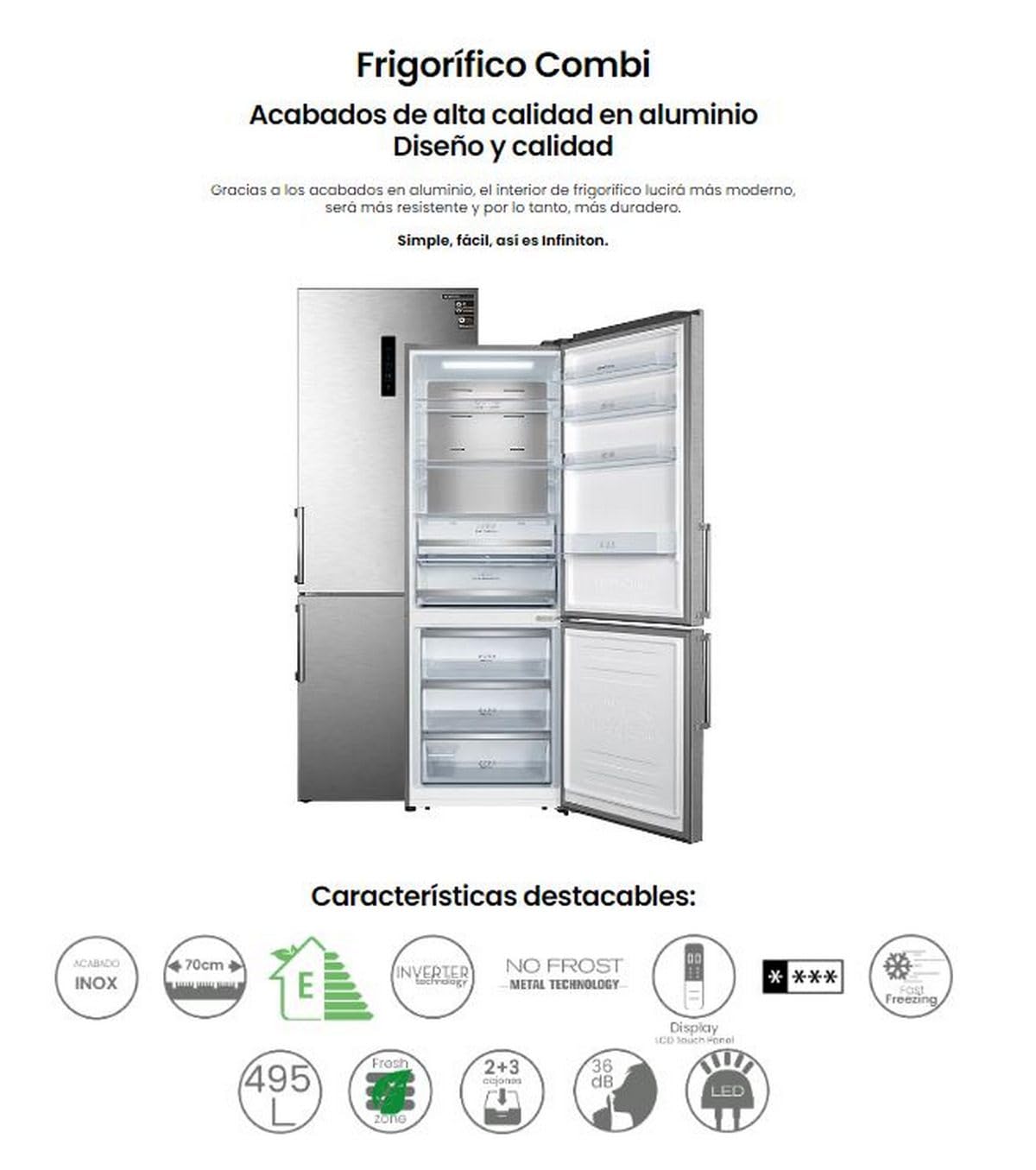 INFINITON | Frigorifico FGC-469WC20XEM | 200 cm de Altura| Clase E| 495 Litros| Ancho 70 cm | Acero inoxidable