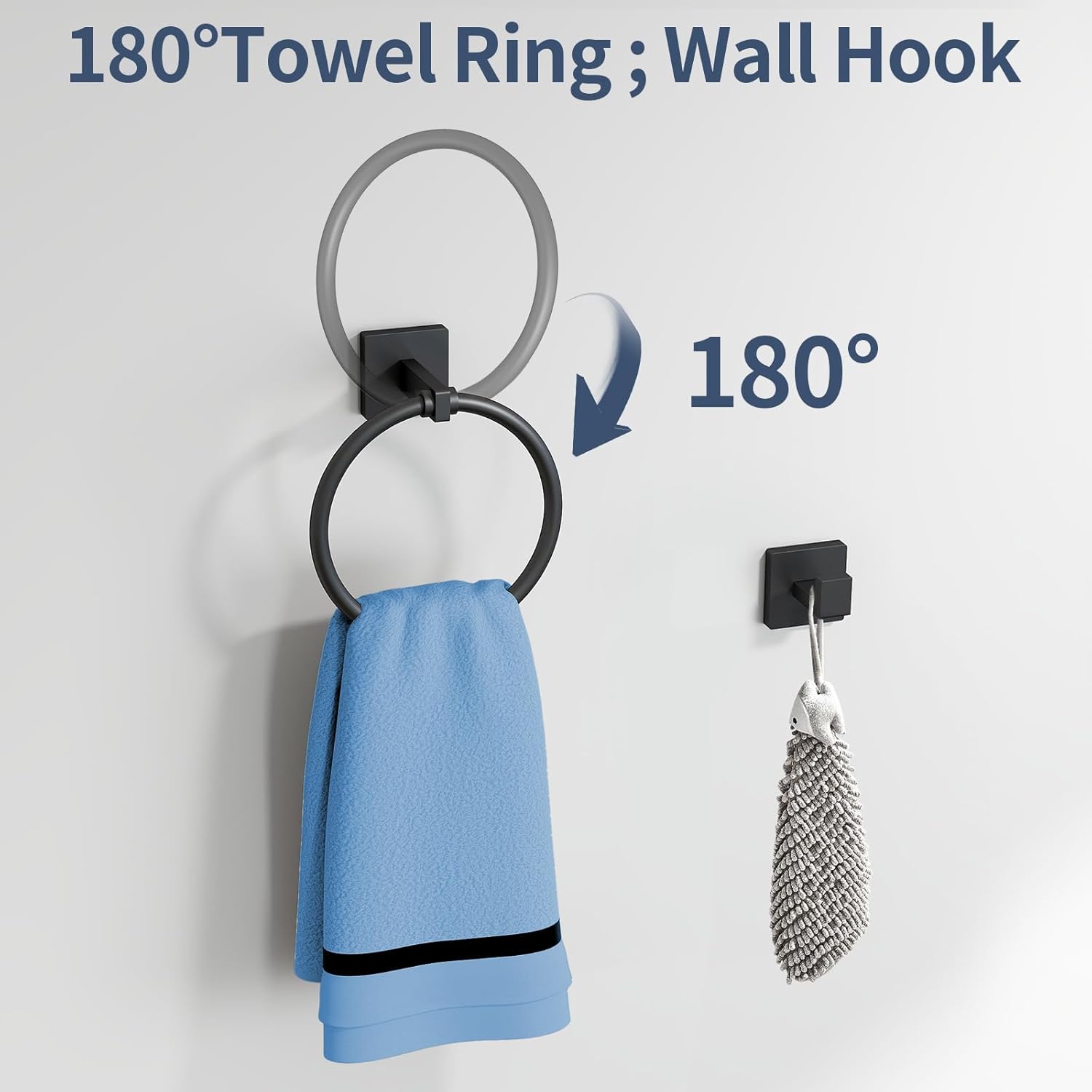 Bathroom Hardware Accessories Set 4-Pieces, Towel Racks for Bathroom Wall Mounted, Stainless Steel 24Inch Black Towel Bar Set, Round Towel Ring, Towel Hook, Toilet Paper Holder with Shelf