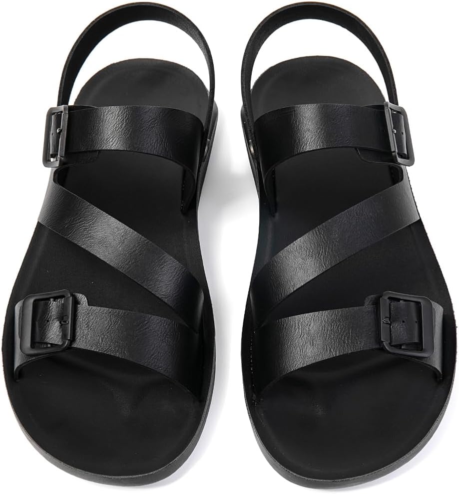 Men's Leather Buckle Casual Flat Sandals with Adjustable Dual use Ankle Straps Slip-On Beach Sandals Open Toe Non-Slip Soft Comfortable Slide Sandals