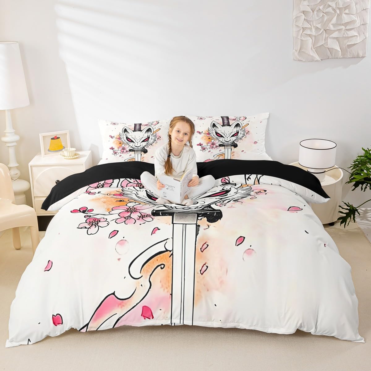 Manfei Japanese Fox Bedding Set Super King,Pink Cherry Blossom Duvet Cover Sets 3Pcs for Kids Girls Boys Adult Room Decor,Japanese Style Sword Comforter Cover Retro Cartoon Quilt Cover,2 Pillowcases โ image 1