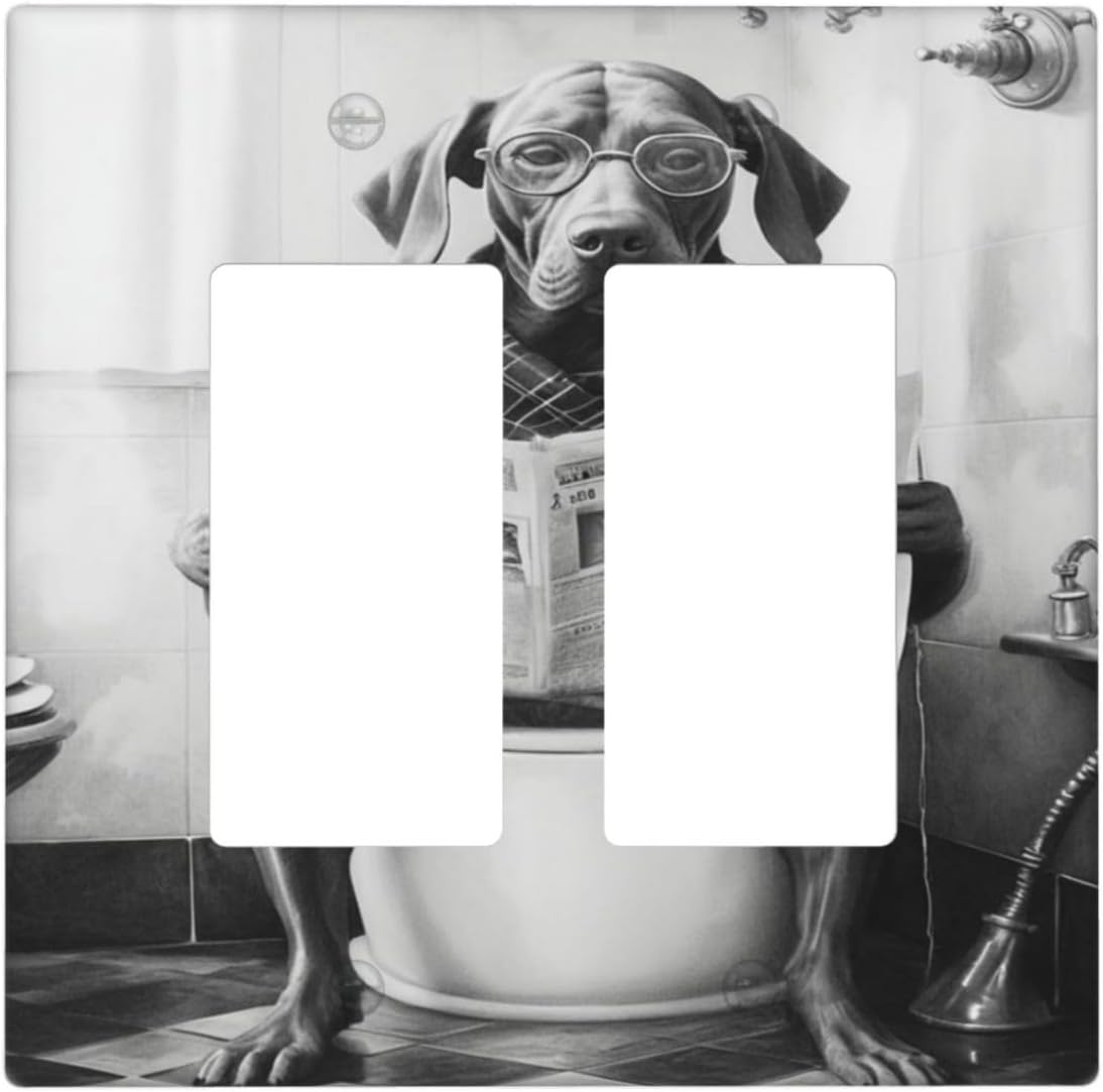 Decorative Outlet Covers Dog Reading Newspaper on Toilet 2 Gang Wall Plate Double Rocker Two Switch Wall Cover Plate Light Switch Cover Plate Faceplate for Bathroom Toilet Home Decor