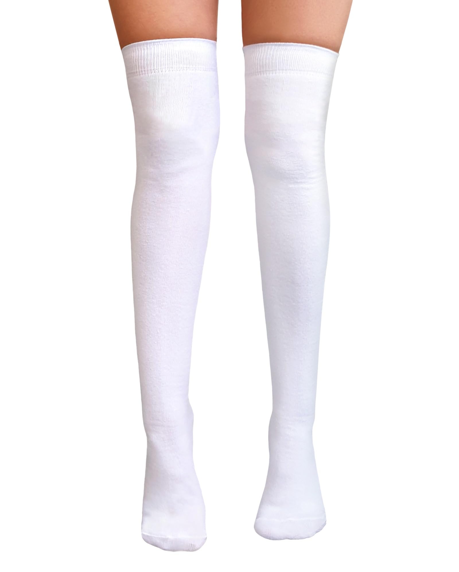 Nujake Girls White Over The Knee Thigh High Socks Plain Cotton Lycra Cosplay School Sox (White)