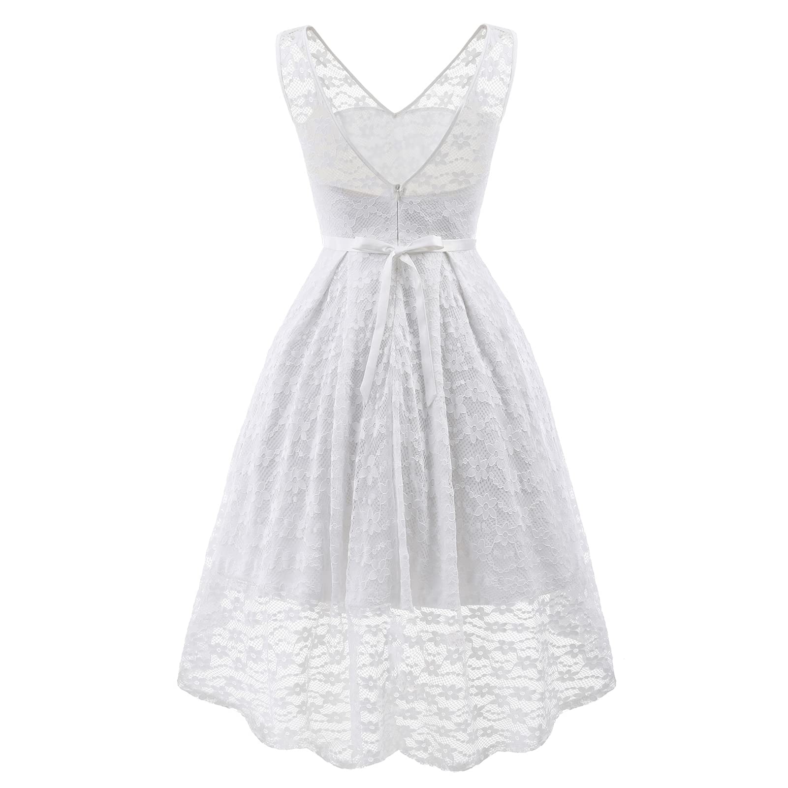 Vestido sexy de gasa de encaje sin mangas vestido de noche con cuello en V para mujer, vestido casual de fiesta de cóctel, bola de boda, color blanco-XL
