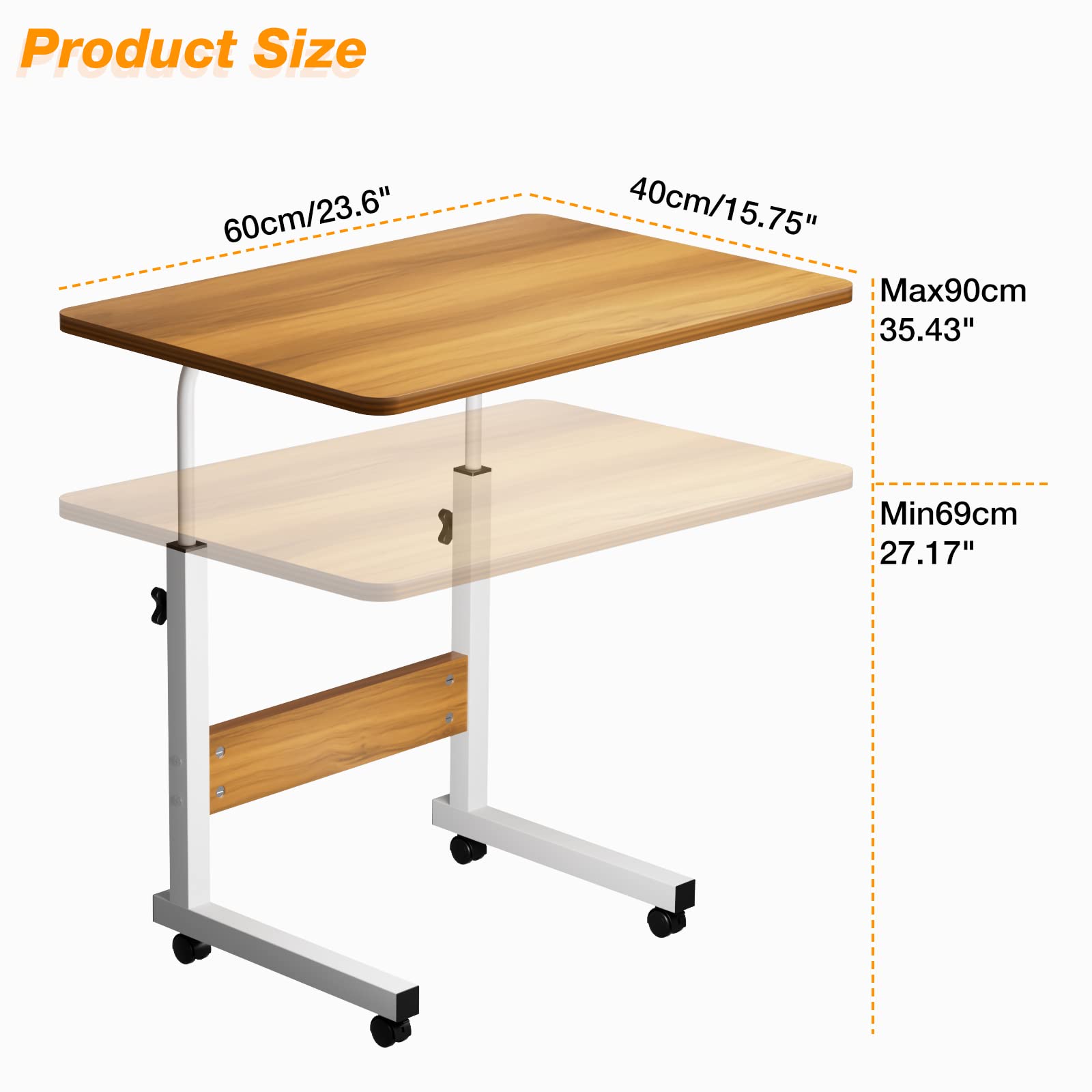Scrivania Regolabile in Altezza Professionali, Tavolino da Letto per PC con Ruote, 60x40cm Tavolo da Lavoro Mobile, Standing Desk per Ufficio, Camera da Letto, Soggiorno, Divano, Cameretta, Beige