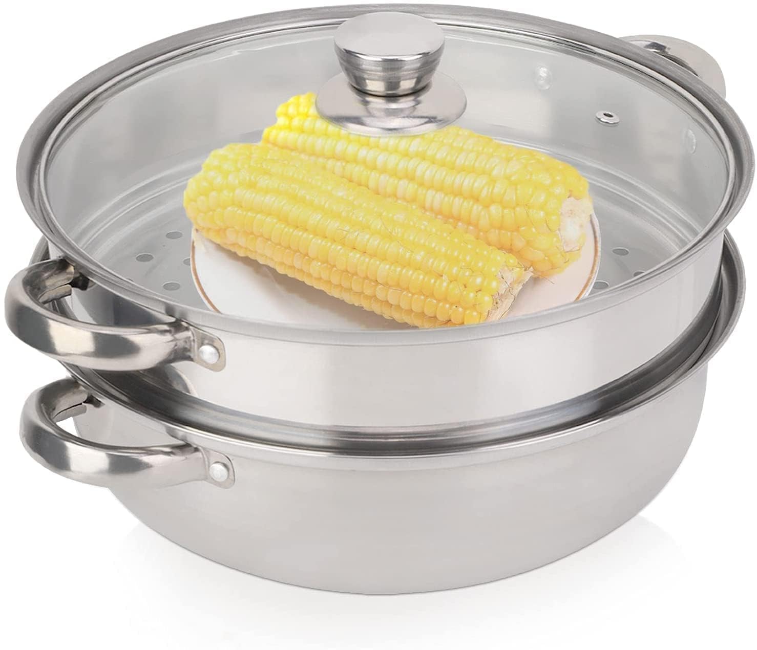 2 Strati Pentola A Vapore Acciaio Inox, 28 Cm Pentola A Vapore Da Cucina Vaporiera Pentola Induzione Vaporiera Cottura A Vapore Vaporiera Impilabile Con Coperchio In Vetro Per Gas Elettrico Induzione