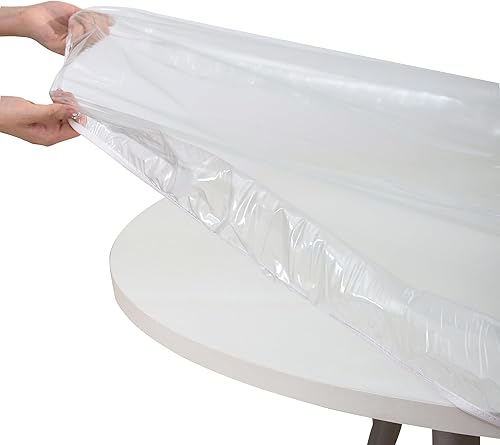 Miniatura 3 de Mantel de vinilo redondo transparente, impermeable, resistente, elástico, diseño de borde elástico, protector de mantel de plástico para mesa redonda