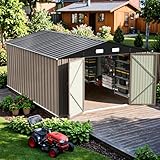 Patiowell 10x14 FT Storage Shed, Outdoor Metal Steel Garden Shed with Lockable Door and Sloping Roof, Large Outside Utility Tool Sheds for Backyard Garden Patio, Brown