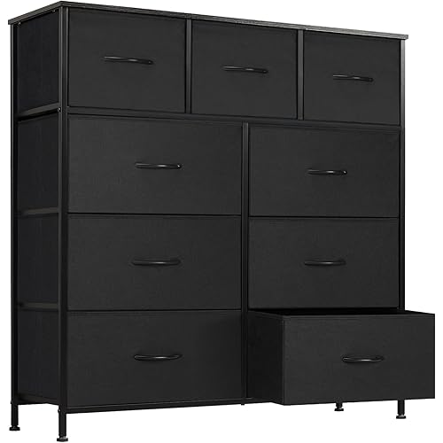 Dresser for Bedroom with 9 Drawers, Anti-Tip Tall Fabric Chests Storage Organizer Tower Furniture with Wooden Top Metal Frame for Clothes, Closet, Living Room, Hallway, Entryway