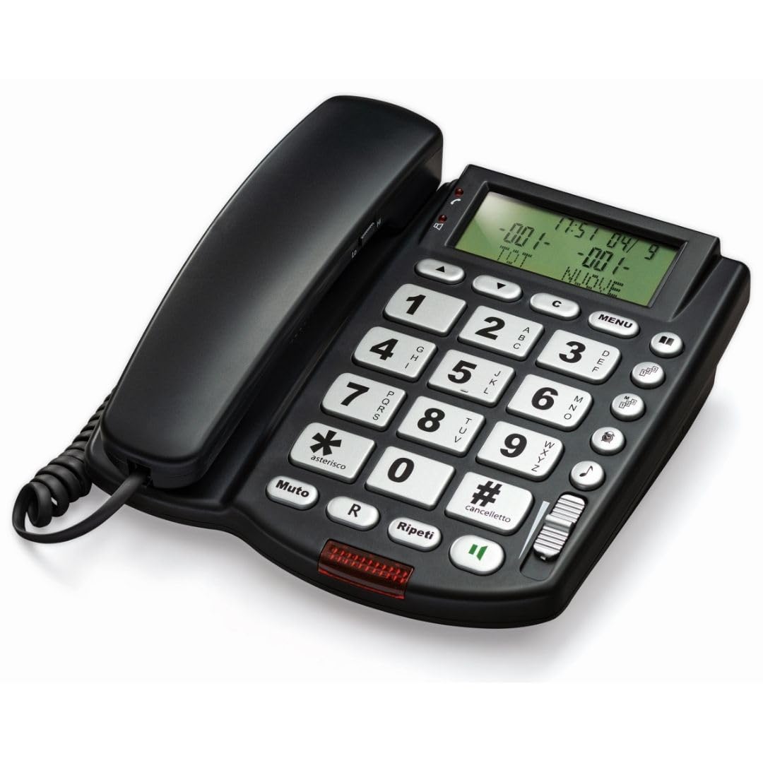 Telefono Fisso Casa e Ufficio con Vivavoce, Ampio Display LCD Multifunzione e Tasti Grandi, Facile da Usare – Rubrica fino a 125 Contatti, Chiamata Diretta, Sveglia e Volume Regolabile – SAIET MAXI