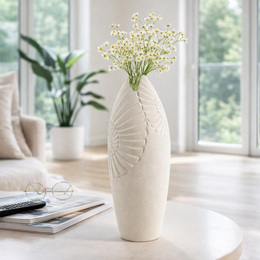 Elegant Oval Vase with Spiral Design for Living Room Decor - Coastal Ceramic Flower Vase for Home, Bedroom, and Office Table Display - Shell Accent Piece for Room or Kitchen Styling - 21", Ivory & Tan