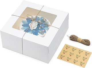 Tim&Lin 30 cm białe pudełka na ciasto - 30 x 30 x 14 cm białe pudełka na ciasto z oknem białe pudełka do piekarni - na ślub, urodziny, ciasta, piekarnię, babeczki, ciastka, ciastka, ciasteczka, zestaw 8 sztuk