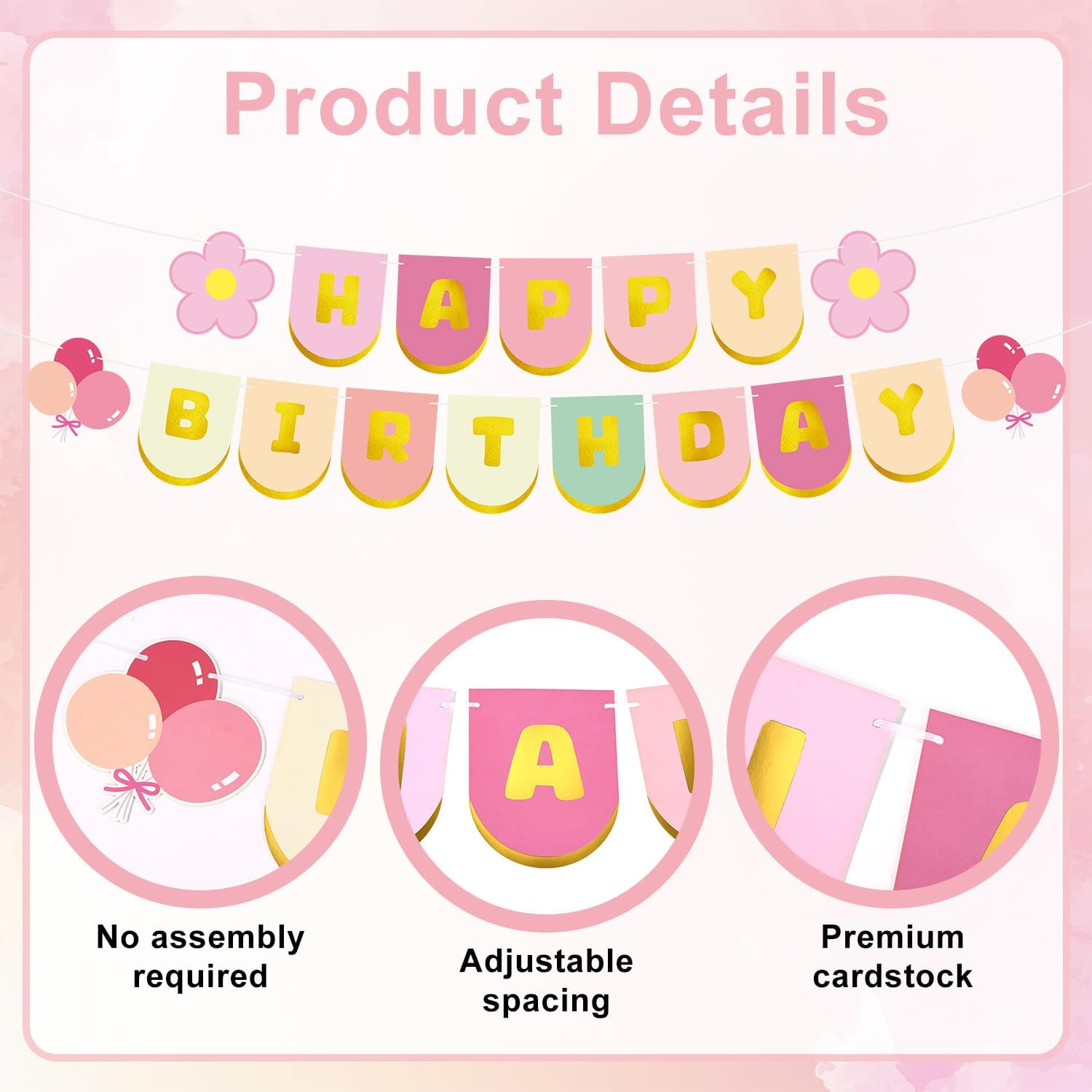 Funny Happy Birthday Banner, Flowers & Balloon Pattern Birthday Decoration Golden Sparkle Design Party Banner Supplies for All Celebrations - Image 3