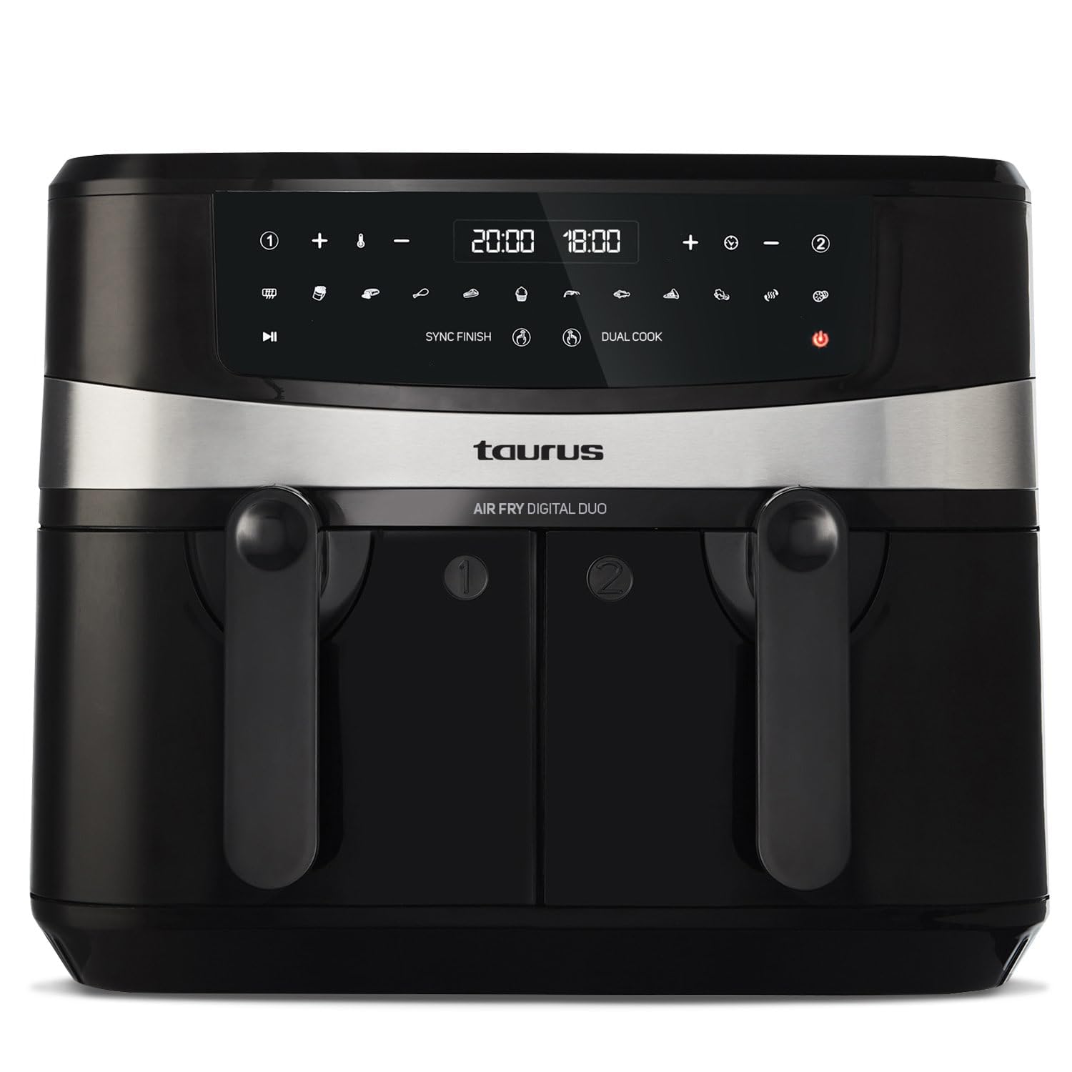 Taurus Air Fry Digital Duo Double Air Fryer with two baskets filled with food
