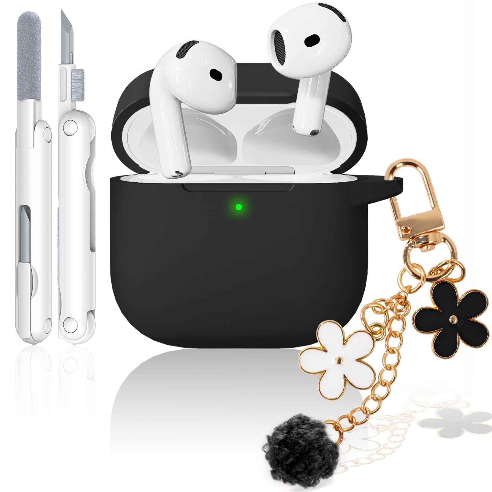 for AirPods 4 Case, Soft Silicone Airpod 4 Case Cover with Cute Keychain & Cleaning Kit for Apple Airpods 4th Gen 2024, Pink Case Coverfor Women Girly