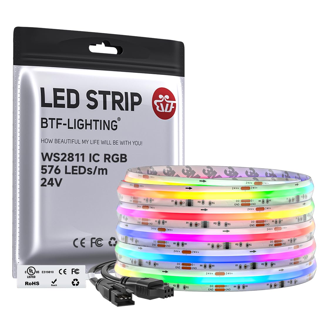 BTF-LIGHTING FCOB RGB WS2811 IC Direccionable Tira LED DC24V 5M 576LEDs/M 16W/M 10mm Blanco PCB Color de Persecución LED Flexible Alta Densidad IP66 Impermeable para Decoración Interior(Sólo Tira)