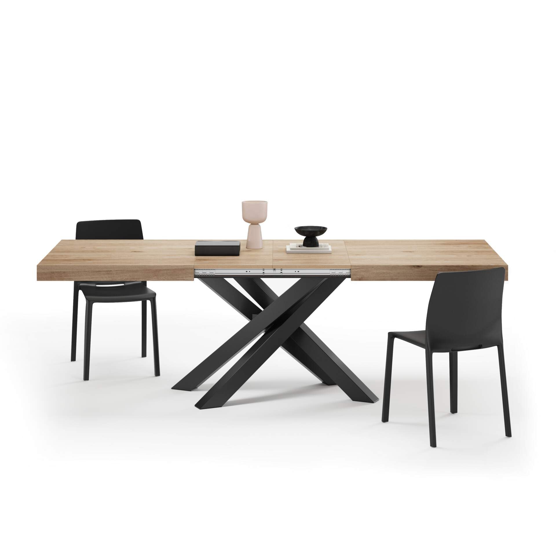 Mobili Fiver, Tavolo Allungabile Emma 160(240) x90 cm, Rovere Naturale con Gambe Incrociate nere, per 6-​10 persone, Tavolo Cucina, Soggiorno, Made in Italy