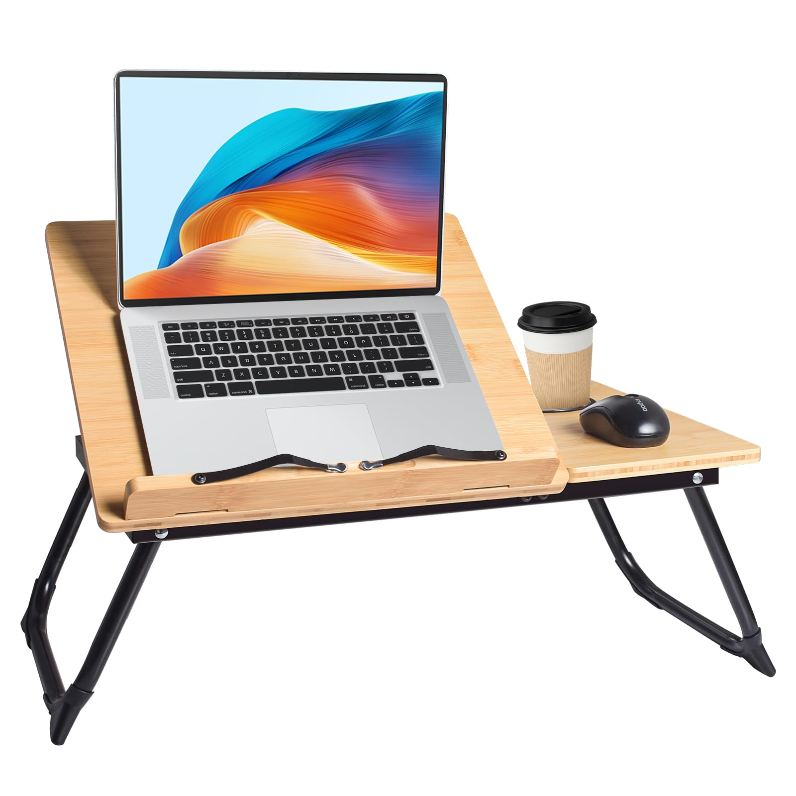 Adjustable Laptop Stand for Bed, Foldable Book Stand with Cup Holder