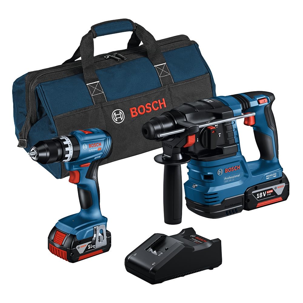 Bosch Professional 18V System Combo Kit: taladro con percusión GSB 18V-45 + martillo perforador GBH 18V-22 (incl. 2 baterías de 4,0 Ah, cargador rápido GAL 18V-40, bolsa de herramientas)