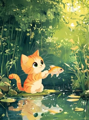 Xfendoudou 11Ct Stitch Kits For Adults Pre Printed Easy The Kitten Catching Fish Embroidery And Needlecraft Kit 16X20inch