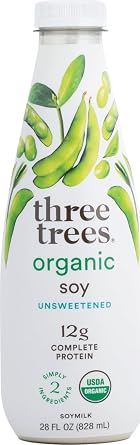 Three Trees Organic Soy Milk, Unsweetened, Dairy Free, Plant Based, 42g Protein per bottle, Soya Drink, Vegan, No Oils or Gums 28 FL OZ