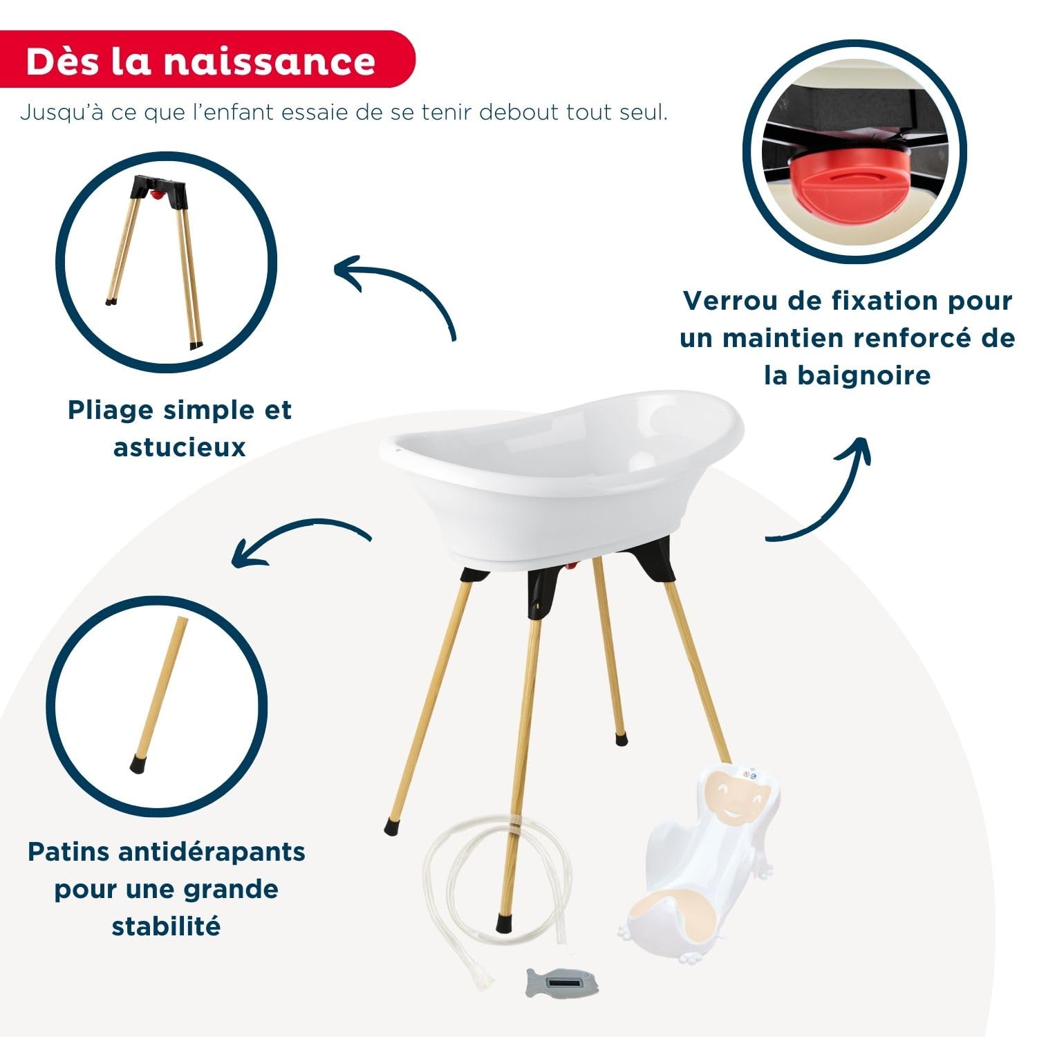 THERMOBABY – Pack de bañera para bebé VASCO 5 en 1 – Bañera, pie de madera, manguera de drenaje, tumbona de baño, termómetro – blanco candidiasis – Plegable y estable – Fabricado en Francia