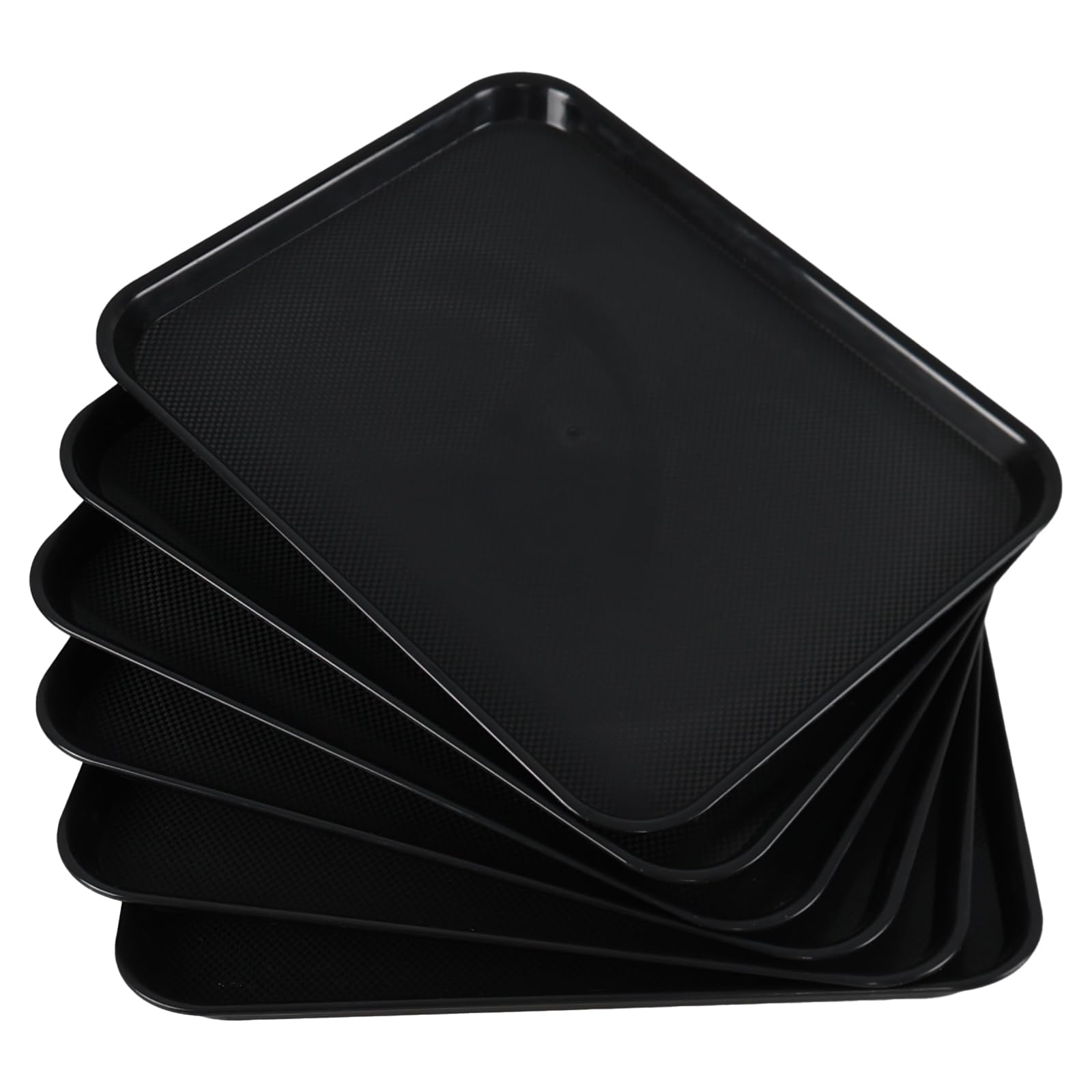 Lesbye 6 Pack Anti-Slip Edge Fast Food Trays, 44 x 34cm Black Rectangle Plastic Trays, Restaurant Cafeteria Serving Tray for Drinks, Food