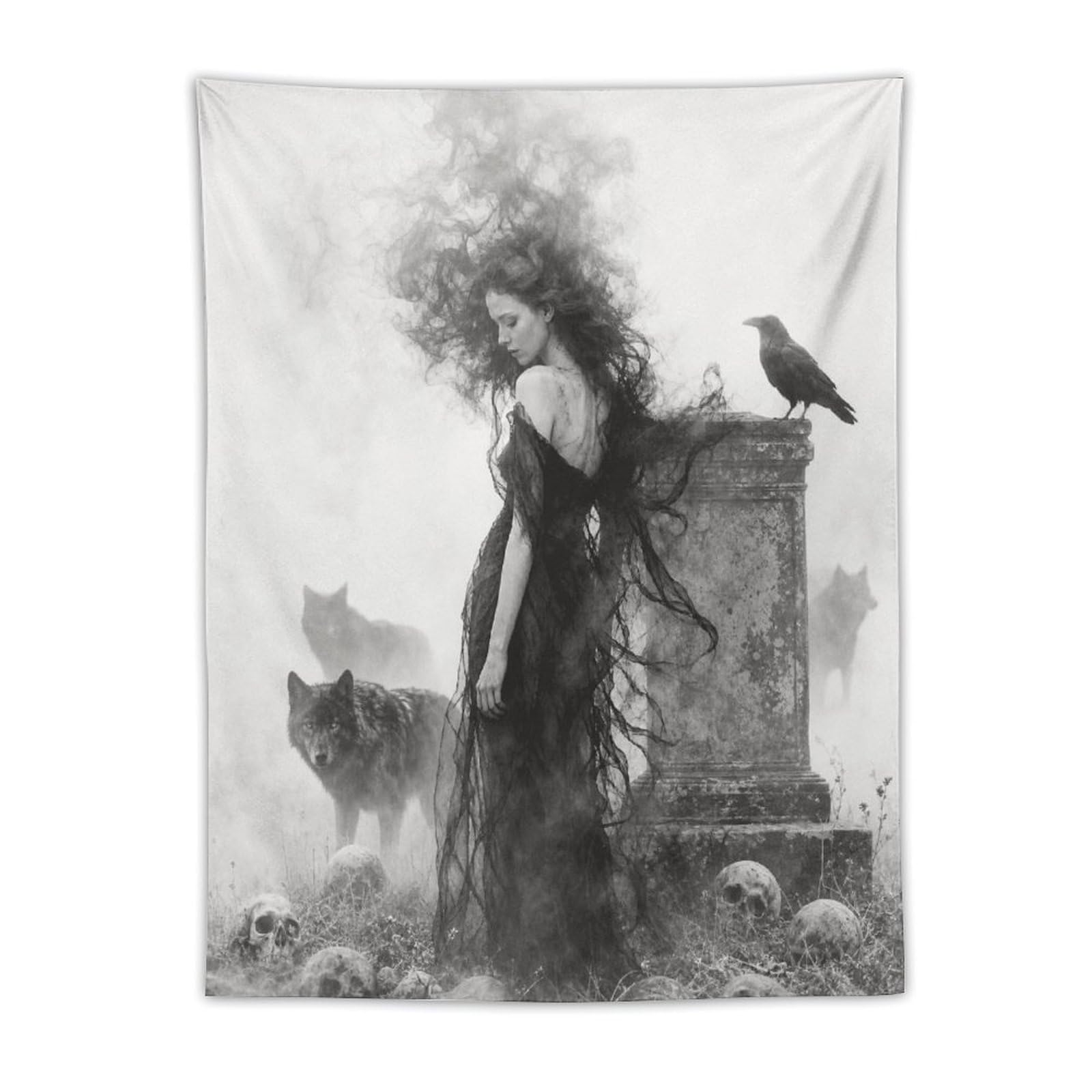 W7C8U2X3 Raven Woman with Black Cat Wall Tapestry, Living Room