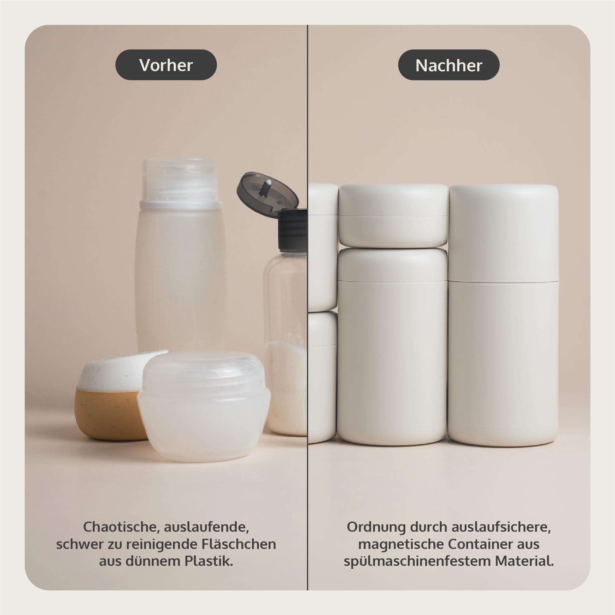Travelpods 7 Auslaufsichere Kosmetik Reise Behälter Magnet Behälter Spülmaschinenfest Hartschalen Reisespender BPA-Frei Reiseflaschen 55ml 30ml 10ml Sandstone