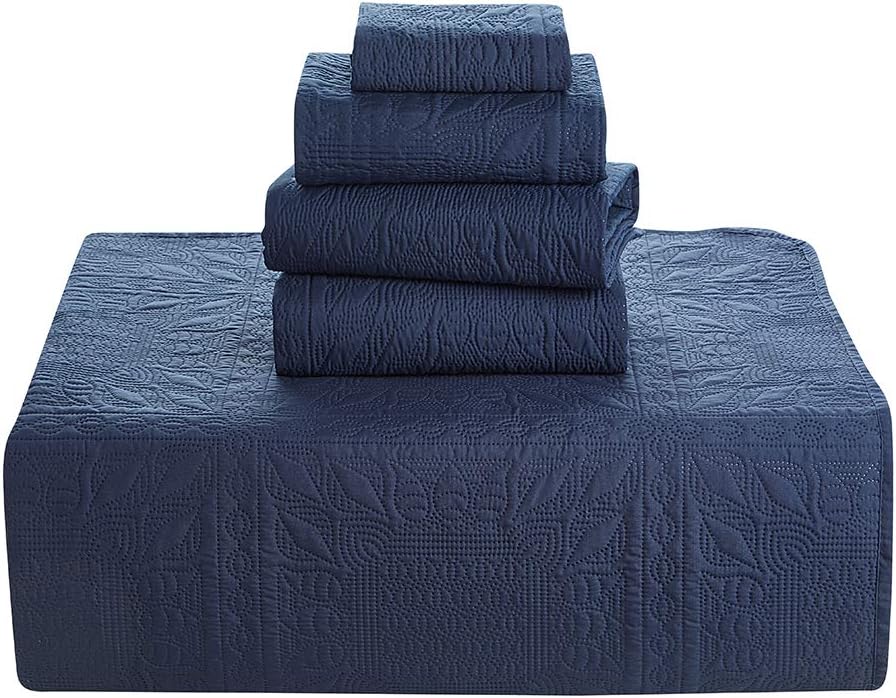Hearth & Harbor Quilts King Size - All Season Bedspread Coverlet Set, Pinsonic Weave Lightweight Bedding Set - 7 Piece King Quilt Set with Pillow Shams, Grid - Navy - Image 4