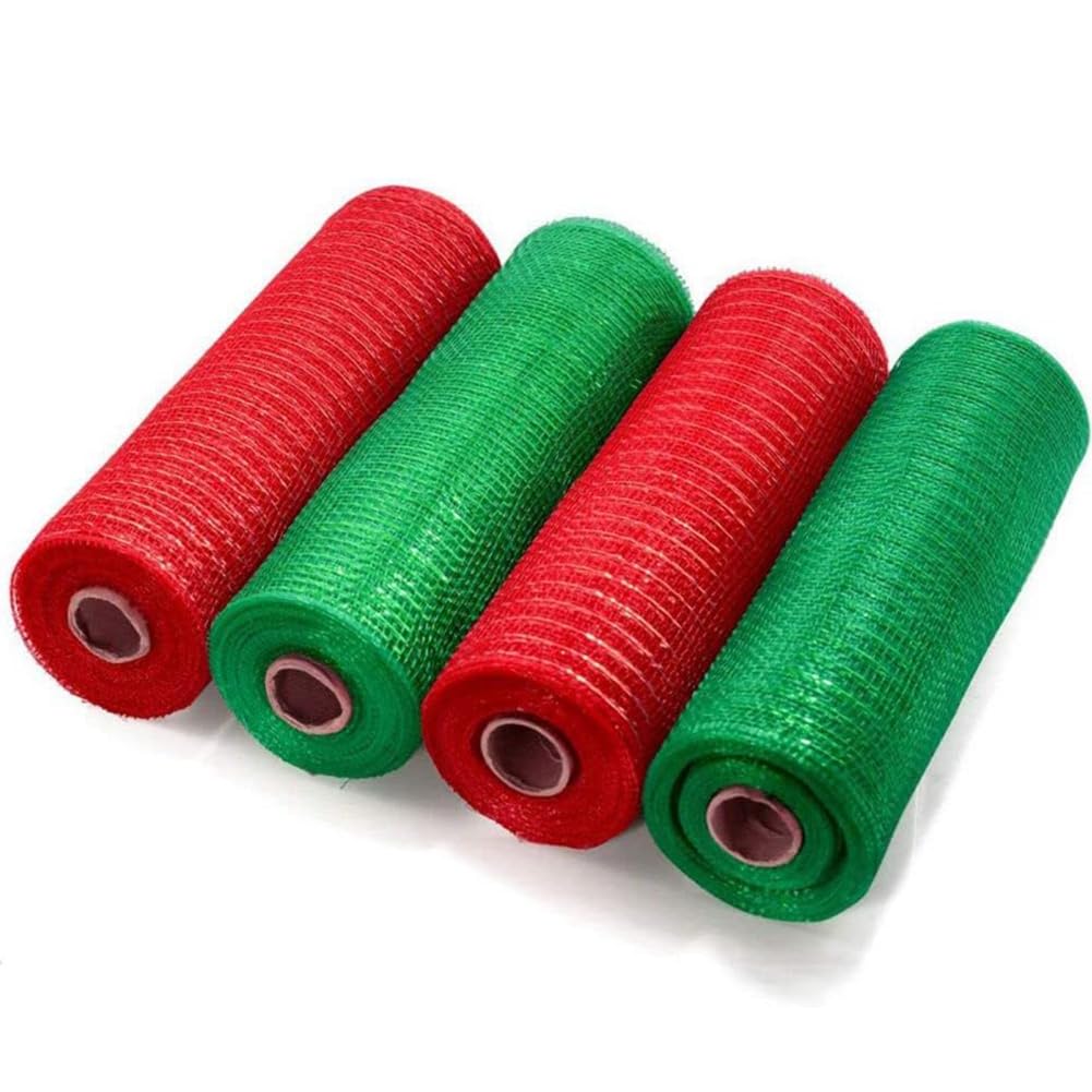 JOYWU Christmas Deco Mesh Ribbons,4 Roll 25cm x 10 Yard Christmas Poly Burlap Mesh Ribbons,Red Green and White Metallic Foil Xmas Mesh Ribbons,Christmas Ribbon Decoration for Wreaths,Trees (2-color)