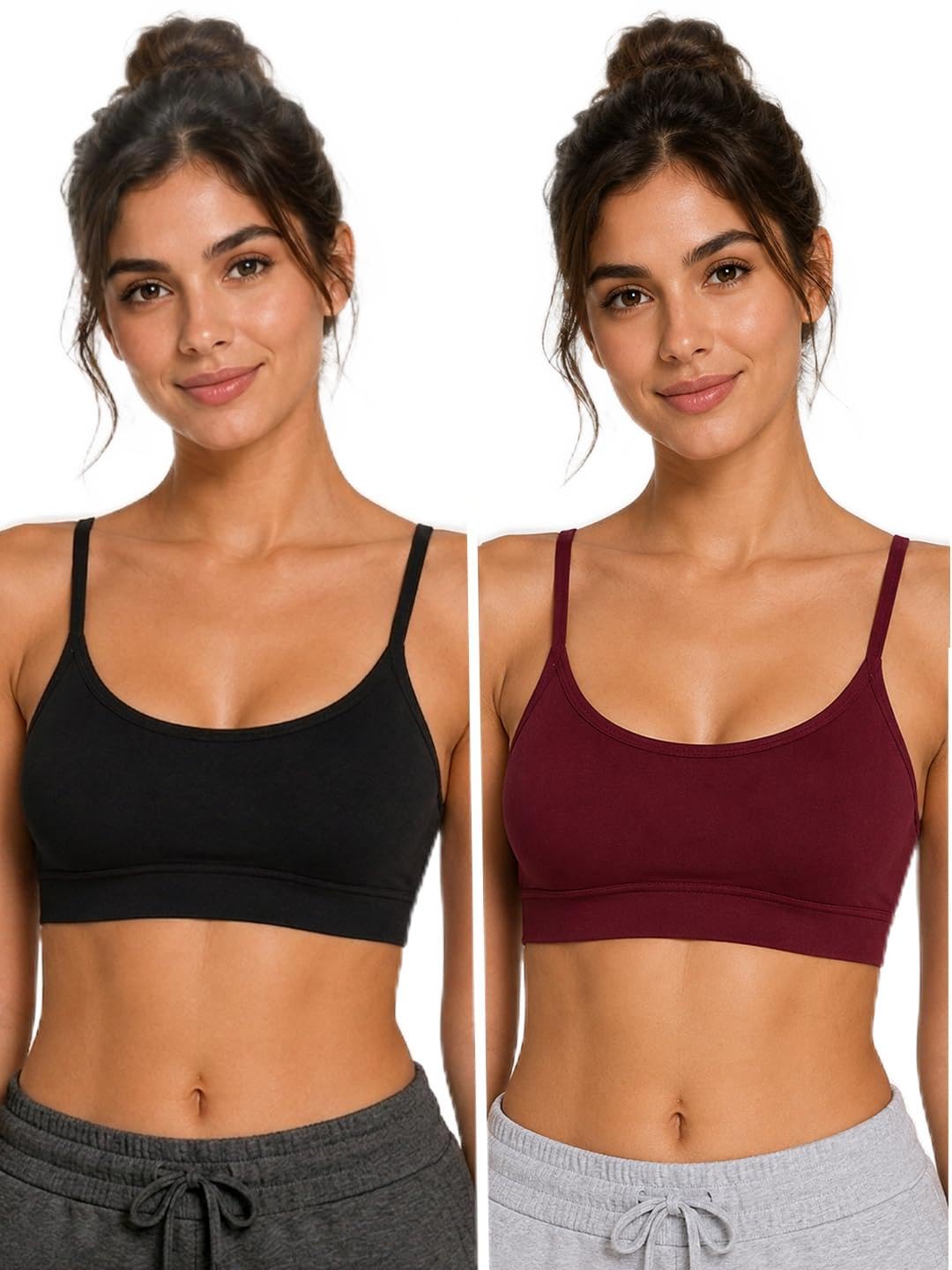beera Women's Sports Bra, Scoop Neck with Thin Straps, 2-Pack, Grey & Black-picture-24