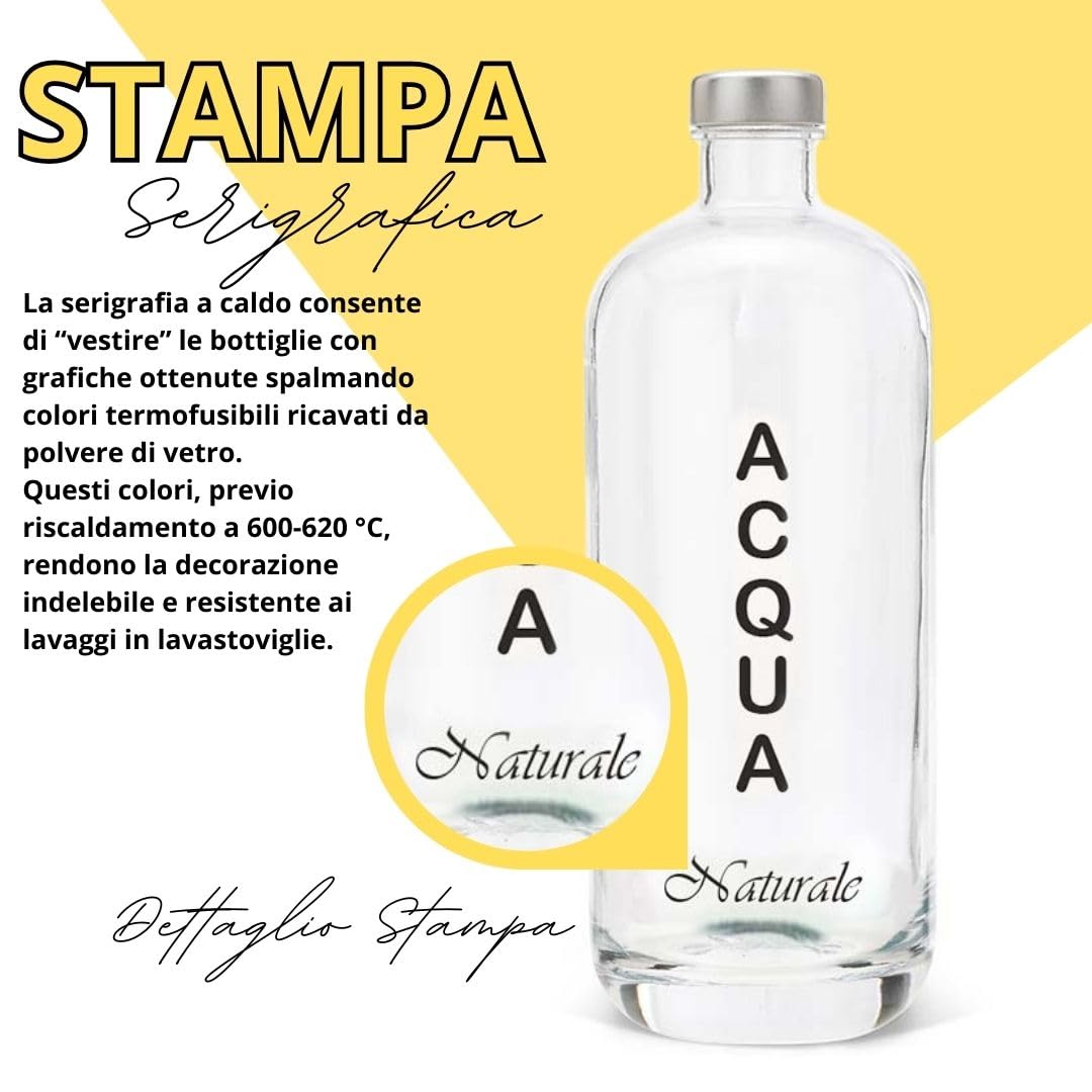 Juego de 4 botellas de cristal modelo Artemide, 1 litro, serigrafía 4 natural, tapón de rosca color plata | Botella de cristal agua