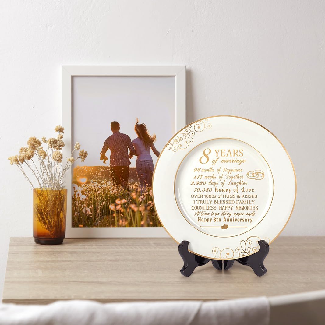 Urllinz 8th Anniversary Plate with 24k Gold Foil-Bronze Anniversary Wedding Gifts for Her Him,8 Year Anniversary Decorations Gift for Couple Wife Husband,Ceramic Plate with Stand 9"