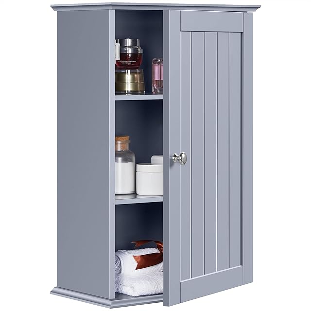 Yaheetech Bathroom Cabinet Single Wall Mounted Bathroom Storage Cabinet Wooden Cupboard with Adjustable Shelves, 21D x 35W x 55H cm, Grey