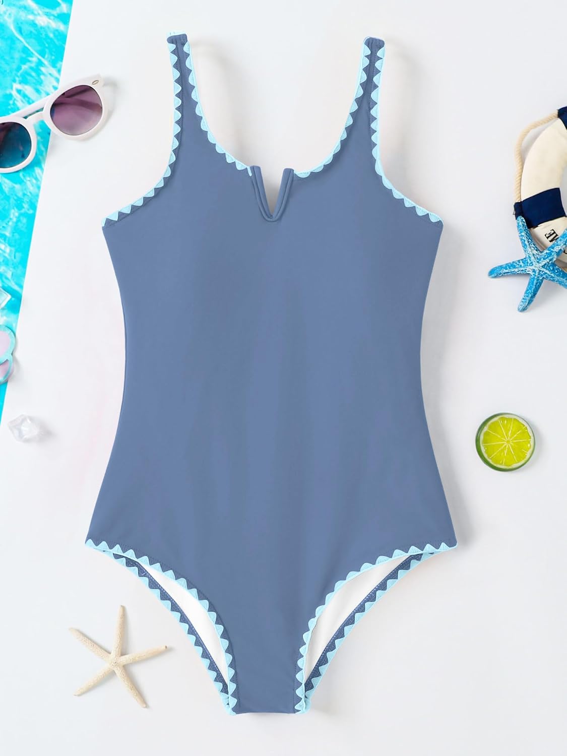 AMAWMW Girls One Piece Swimsuits Contrast Color V-Neck Bathing Suit Adjustable Straps Girls' Swimwear 7-16Y