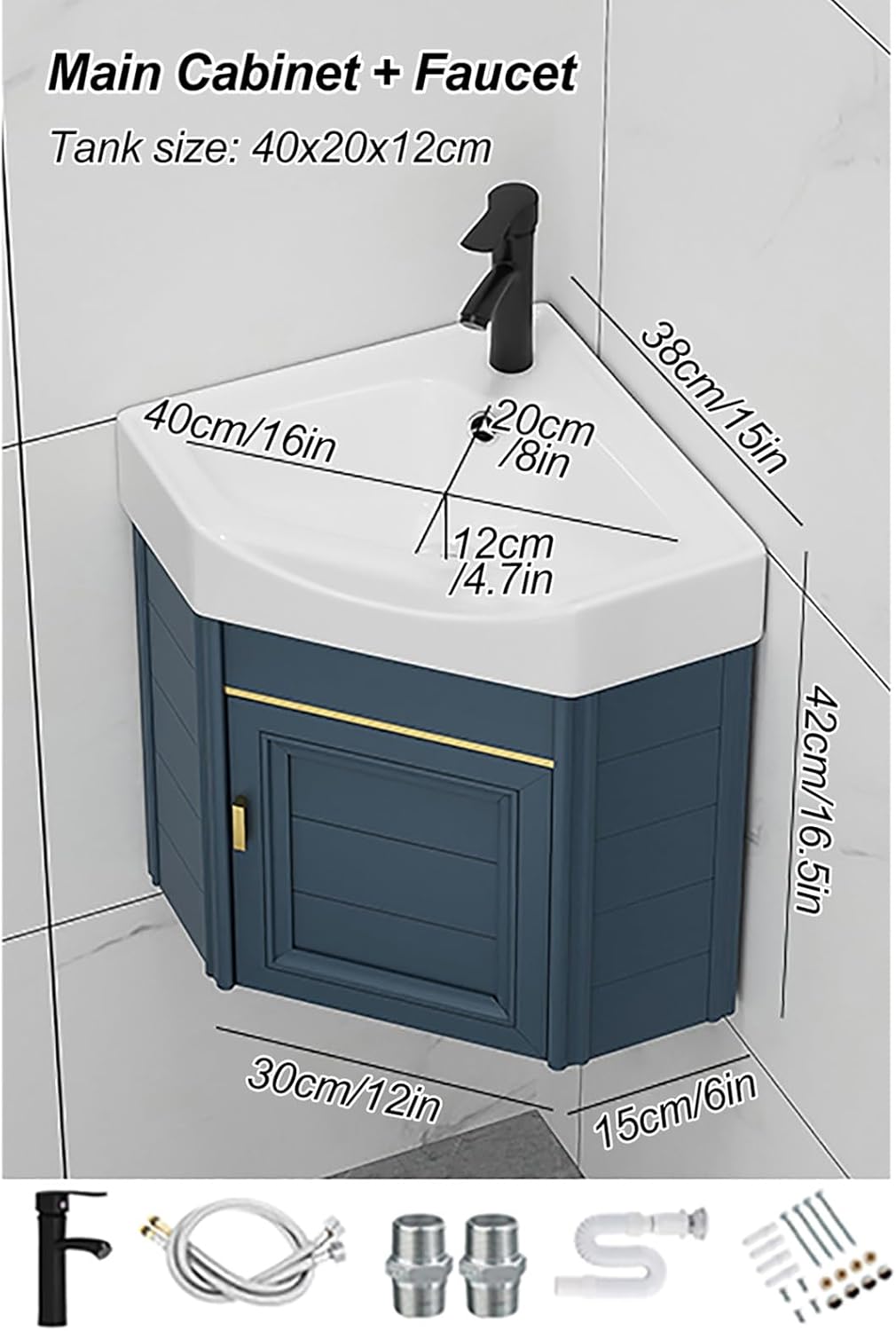 Modern Bathroom Vessel Sink Corner Mounted Small Vanity Sink Lavatory Wash Hand Basin 15" Bathroom Vanities Cabinet Combo, for Small Space With Cold and Hot Water Pipe Faucet