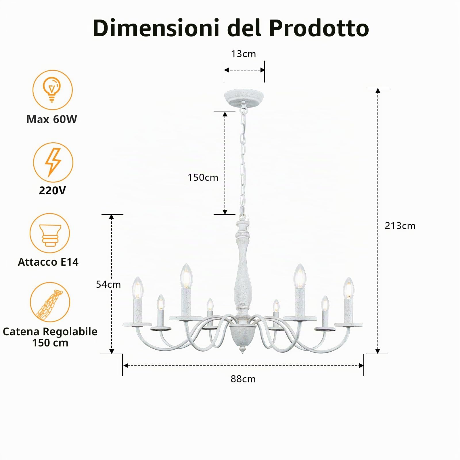 Bianco Lampadario Camera da Letto Classico, 8 Luci Vintage Shabby Chic Lampadario a Sospensione Legno e Ferro, Altezza Regolabile Francese Country Rustico Lampadari Moderni Soggiorno Cucina