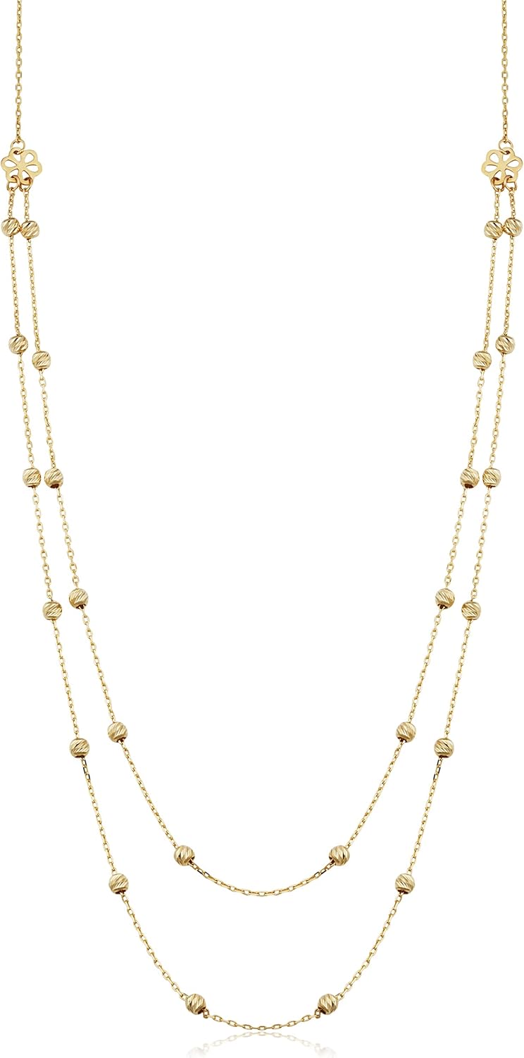 14k Yellow Gold 2.9 mm Diamond-cut Bead Station Double Strand Layered Necklace for Women (adjustable from 16 to 17.5 inches)