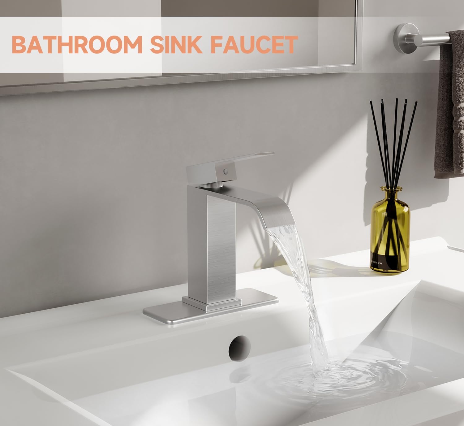 Brushed Nickel Bathroom Faucets, Evolvegoods Modern Waterfall Bathroom Faucet, Single Handle 1 or 3 Hole Bathroom Sink Faucet, RV Mixer Tap Vanity Faucet with Deck Plate, Pop-up Drain and Supply