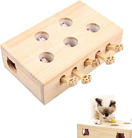 Interactive Cat Toy - Wooden Mouse Whack-a-Mole Puzzle Box, 3 Holes, With Cartoon Toys For Hunting Play - View #9