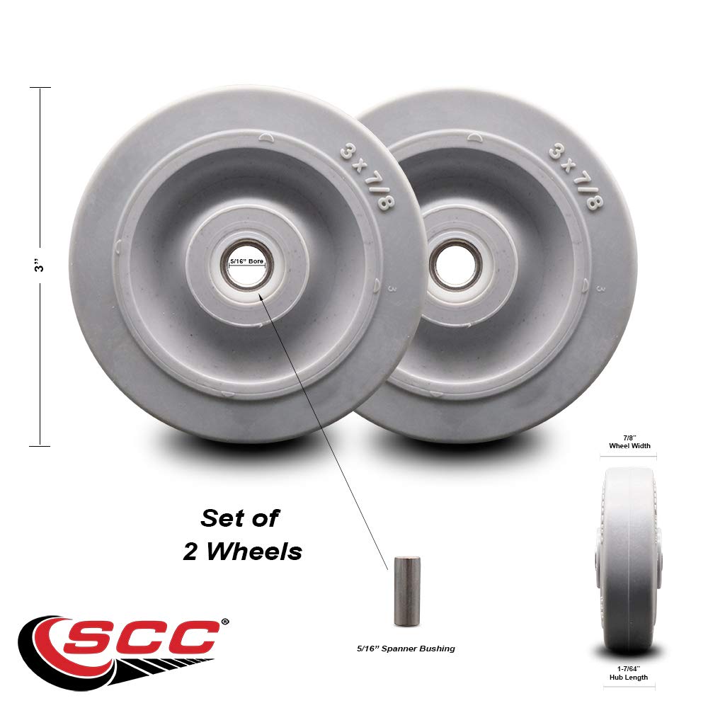 Nobles/Tennant Scrubber Guide Bumper Wheel Replacement – 3” x 7/8” Thermoplastic Rubber Tread Wheel Only – 250 lbs. Total Capacity – 5/16” Metal Bushings Included – Set of 2 – Service Caster Brand