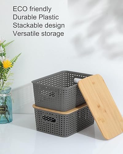 Miniatura 3 de AREYZIN Contenedores de almacenamiento con tapas de bambú, juego de 6 contenedores de almacenamiento con tapa, cestas de plástico, contenedores