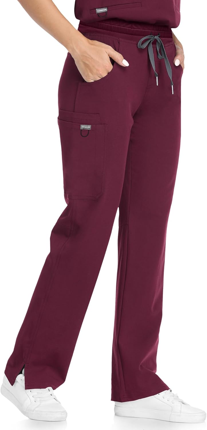 COMENII Scrubs for Women, Knit Yoga Waistband Straight Leg Cargo Pants, Classic Fit Womens Scrubs Pants-3-R-Burgundy L - Image 3