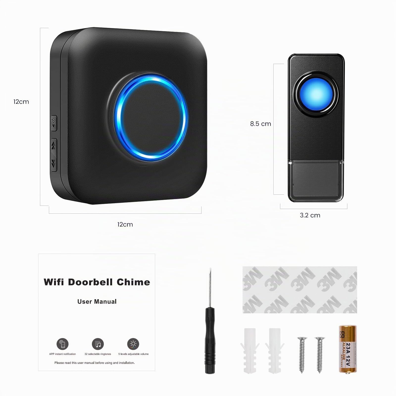 WiFi Sonnette sans Fil Exterieur Etanche, Compatible avec l'Application Smartphone, Sonnette Connectée 0-110dB 32 Mélodies, Doorbell avec Notification à Distance, Sonnette Extérieure avec Flash LED