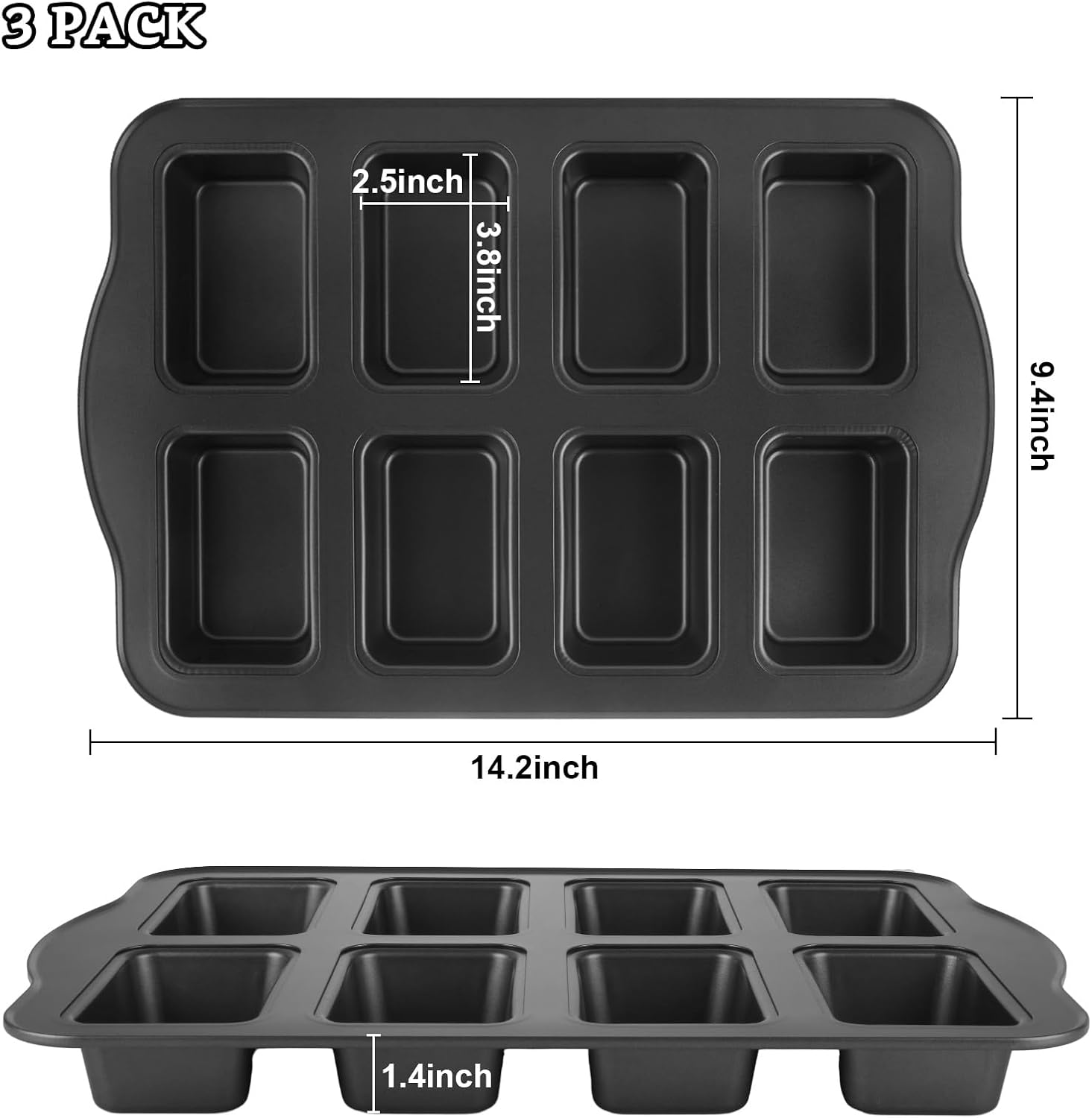 3Pcs Mini Loaf Baking Pans, 8 Cavity Mini Bread Loaf Pans, Non-stick Mini Loaf Pan With Dividers, Carbon Steel Bakeware for Oven Baking Bread, Muffin, Cheesecake & Chocolate, Black